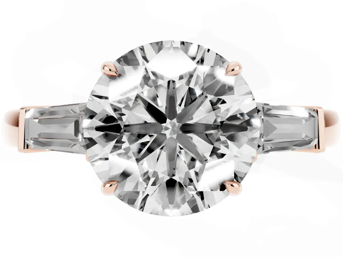Round Cut Diamond Three-Stone Ring with Tapered Baguette Side Stones and Prong Setting Rose gold