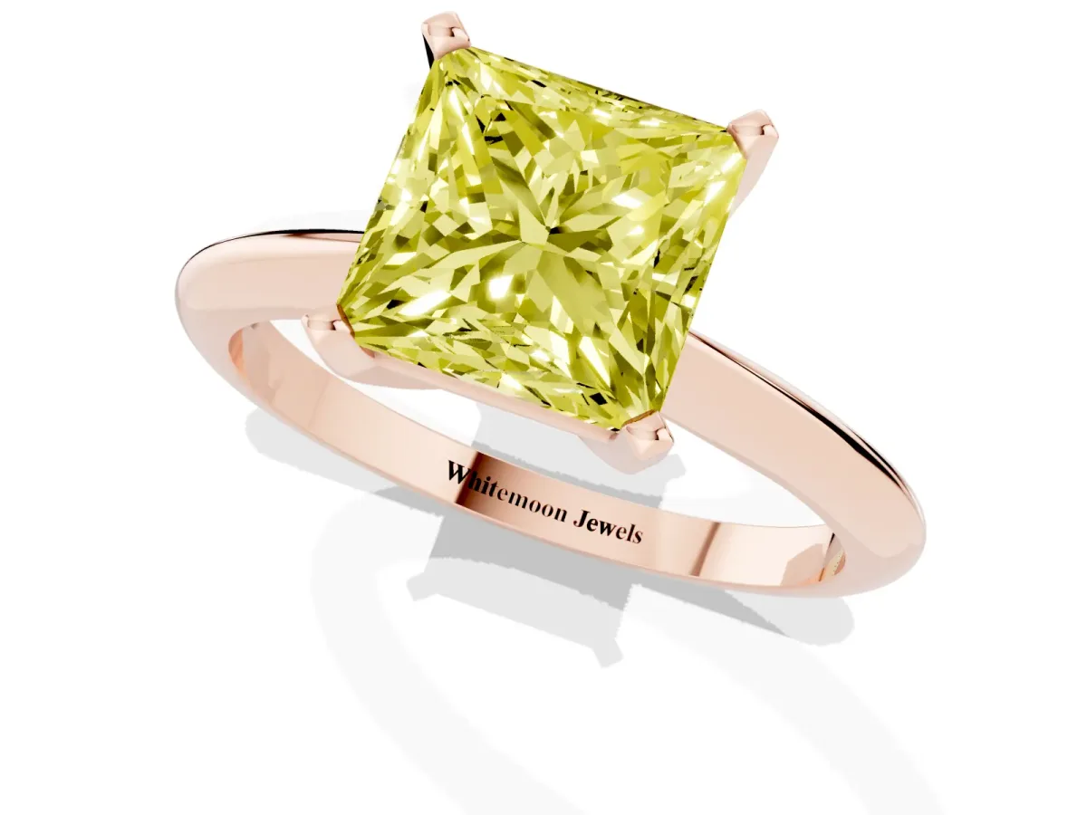 Fancy Yellow Princess Cut Cut Solitaire Ring with Four-Prong Setting on a Classic Band Rose gold