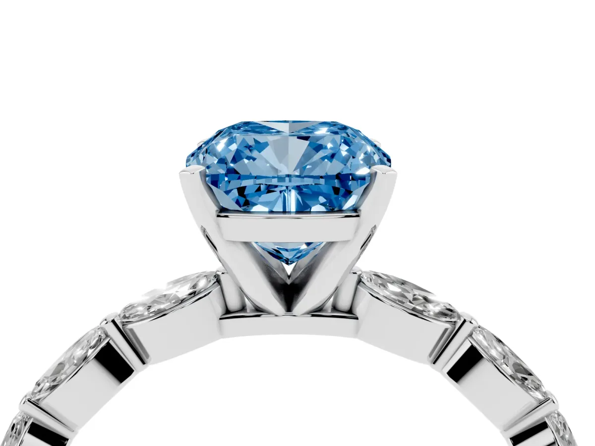 Fancy Blue Cushion Cut Diamond Ring with Marquise Side Stones and Prong Setting White gold