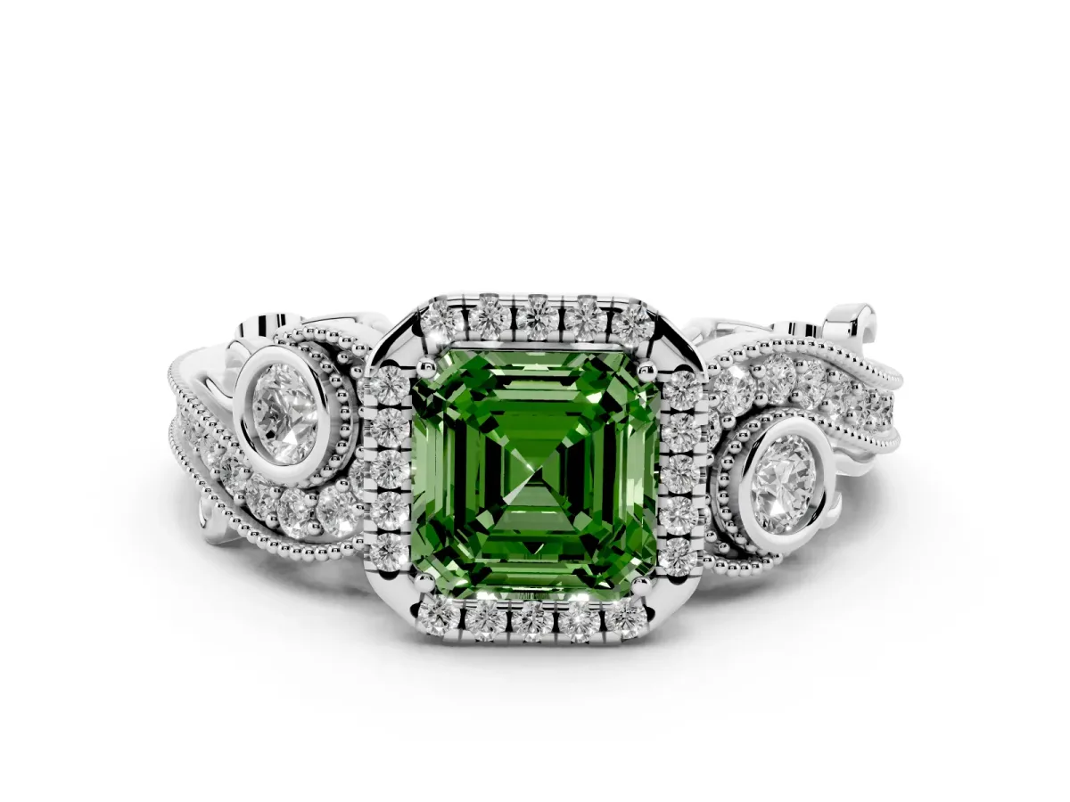 Fancy Green Asscher Cut Halo Diamond Ring with Milgrain and Bezel Accents on a Split Shank Band White gold