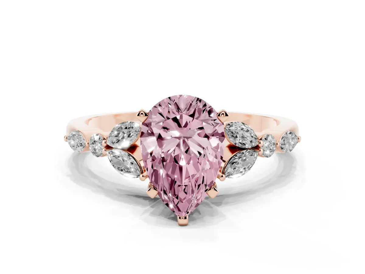 Fancy Pink Pear Cut Diamond Solitaire Ring with Side Stones and Four-Prong Setting Rose gold