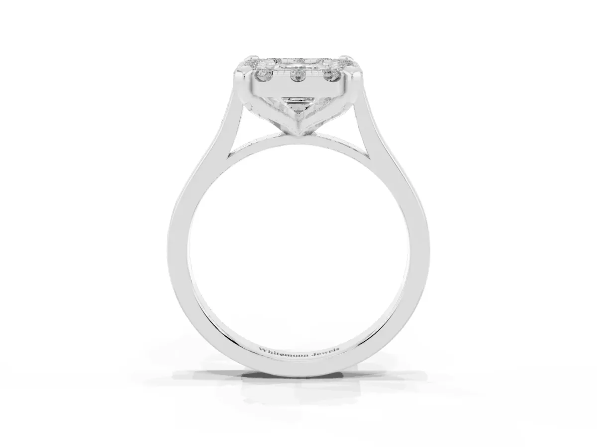 Emerald Cut Diamond Cluster Halo Solitaire with Four-Prong Setting Silver