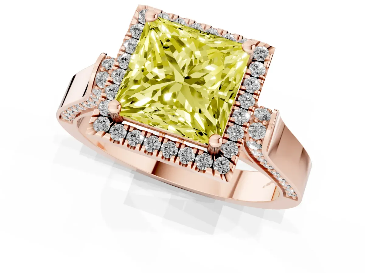 Fancy Yellow Princess Cut Halo Round Diamond Twist Band with Four-Prong Setting Rose gold