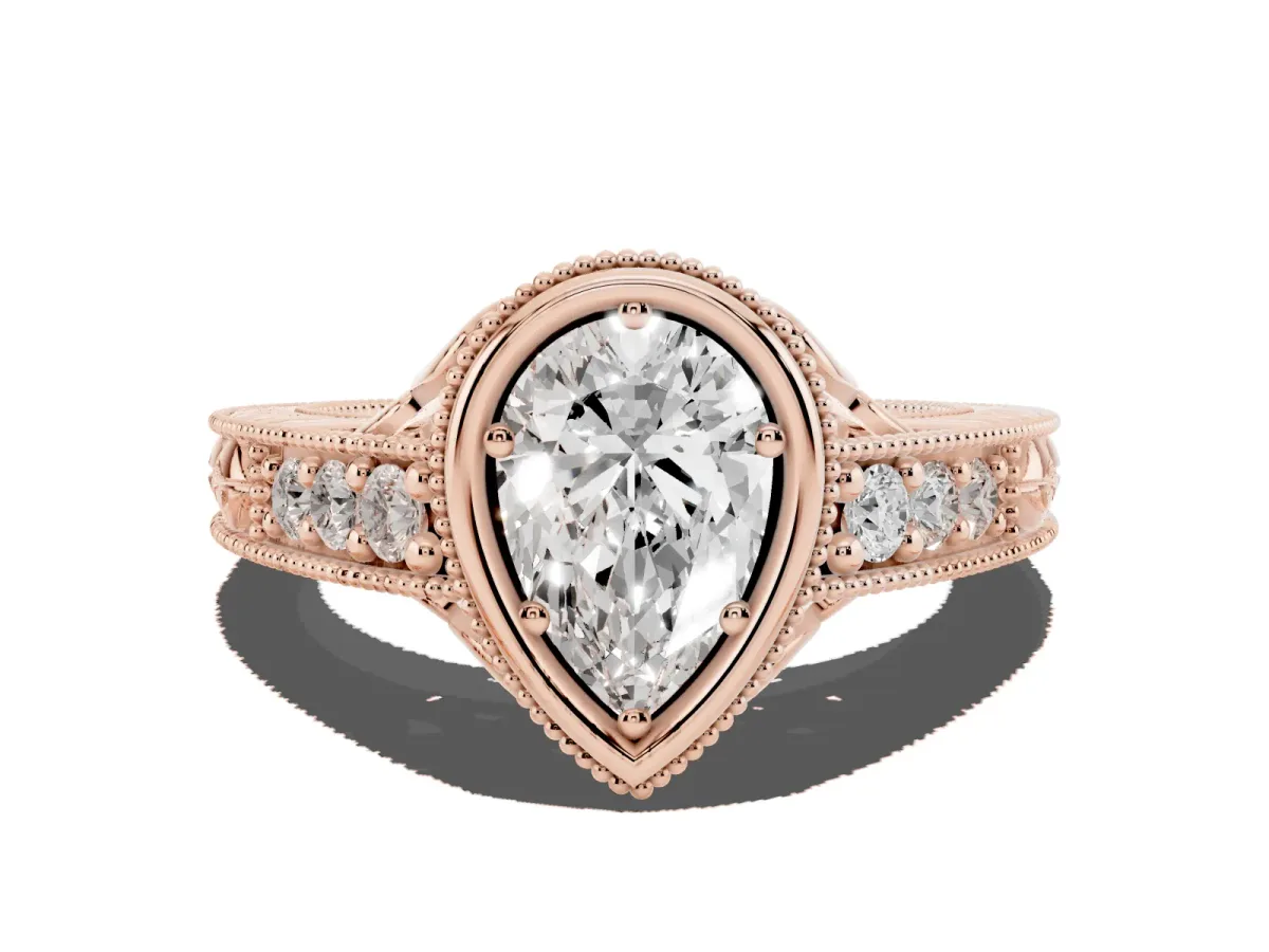 Bezel Set Pear Cut Diamond Milgrain Pave Engagement Ring Rose gold