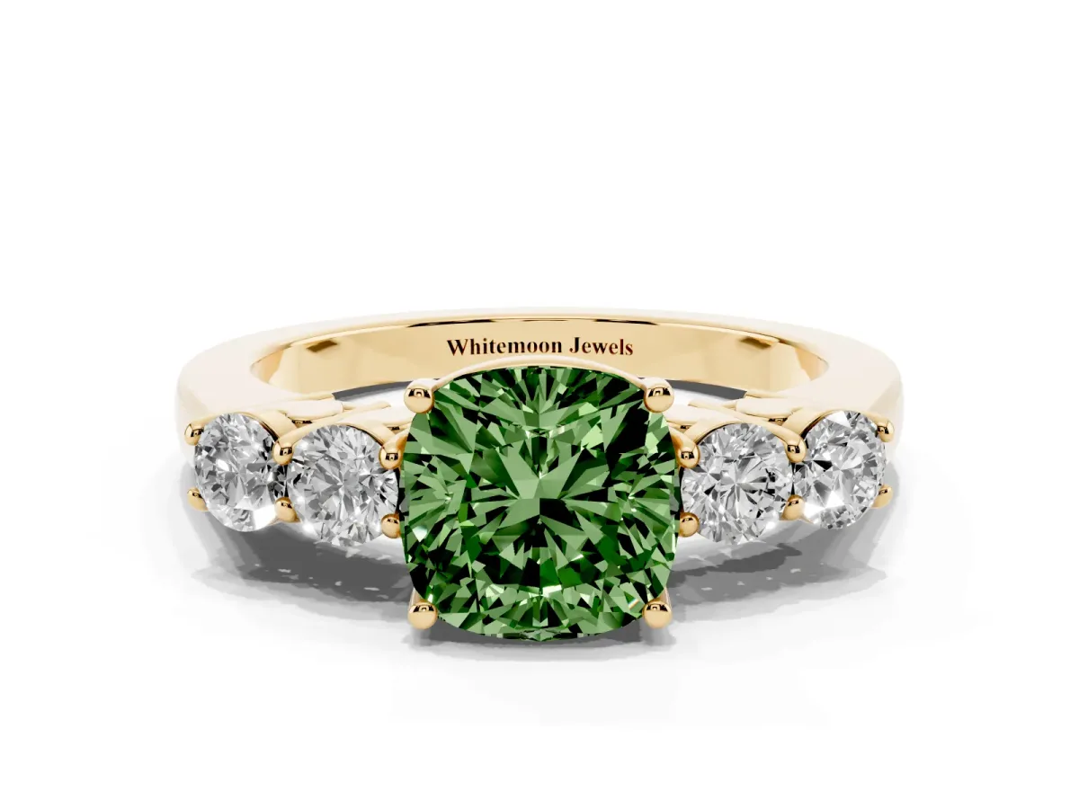 Fancy Green Cushion Cut Cut Diamond Five-Stone Prong Set White Gold Ring Yellow gold