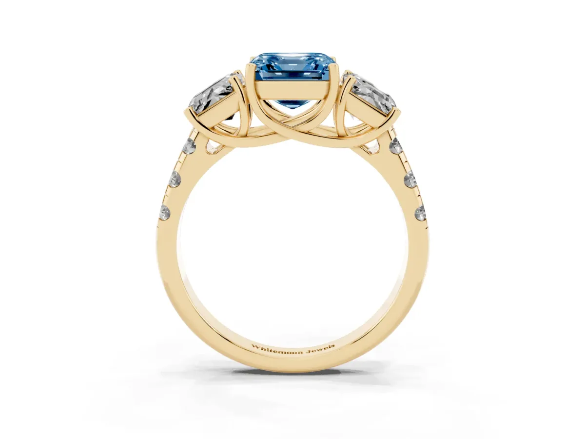 Fancy Blue Three-Stone Asscher Cut Diamond Pavé Band with Prong Setting Yellow gold