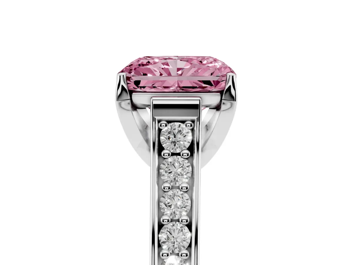 Fancy Pink Radiant Cut Brilliant Cut Diamond Engagement Ring with Pavé Band and Four-Prong Setting White gold