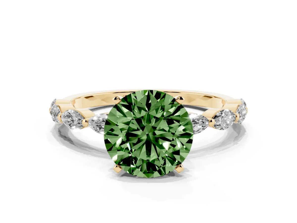 Fancy Green Round Cut Diamond Ring with Marquise Side Stones and Prong Setting Yellow gold