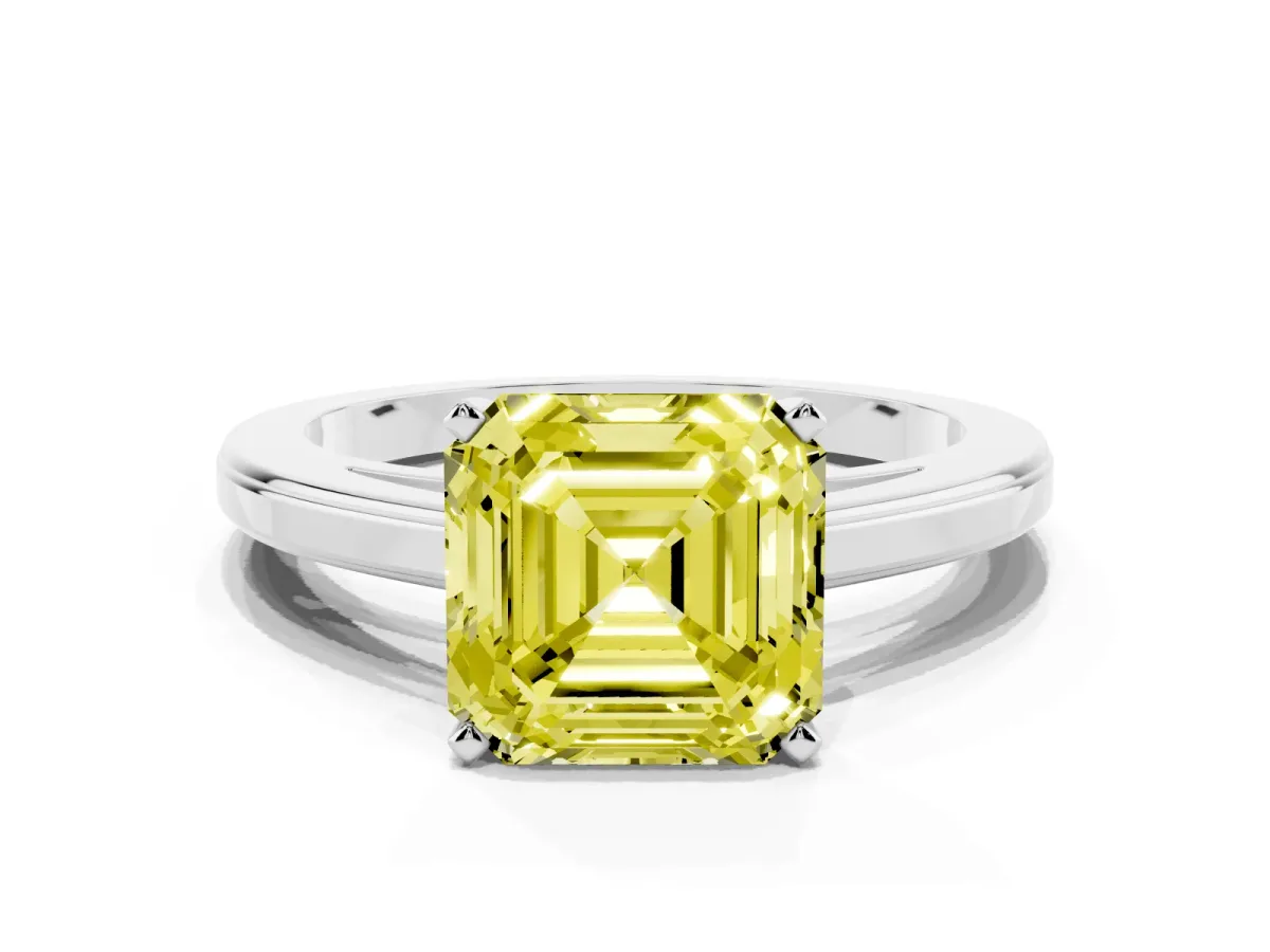 Fancy Yellow Asscher Cut Solitaire Diamond Ring with Four-Prong Setting and Classic Band Platinum
