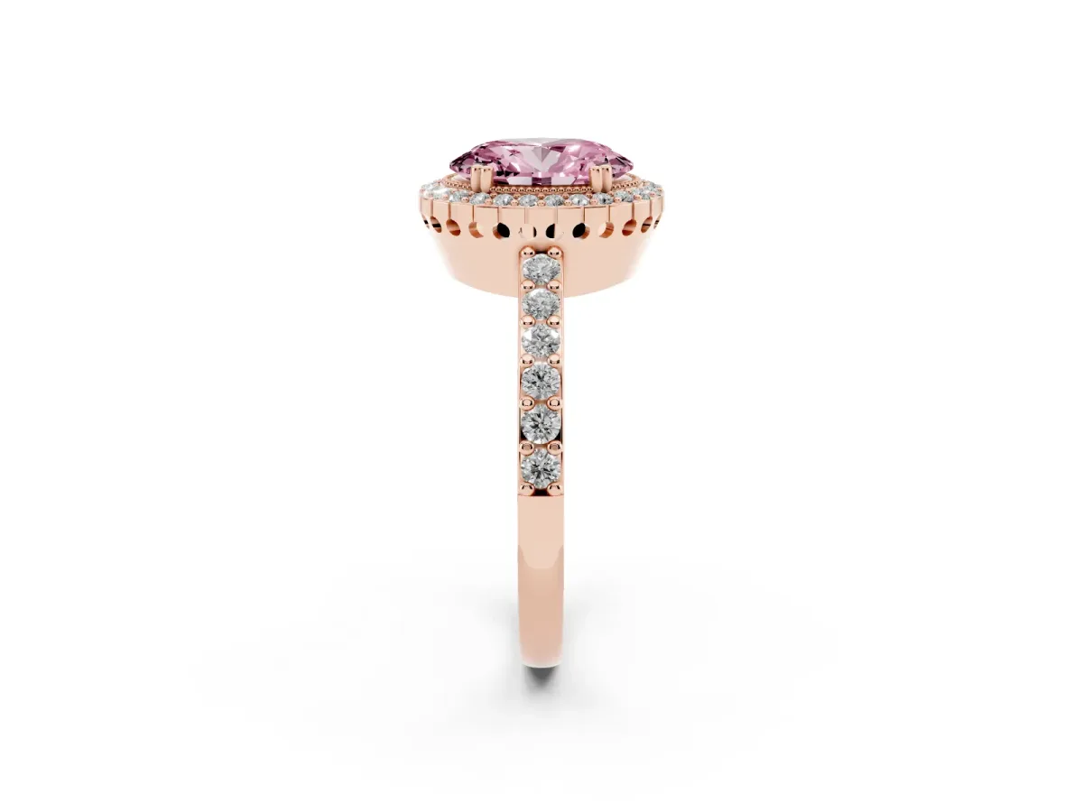 Fancy Pink Oval Cut Cut Diamond Halo Engagement Ring with Milgrain Detail and Pavé Band Rose gold