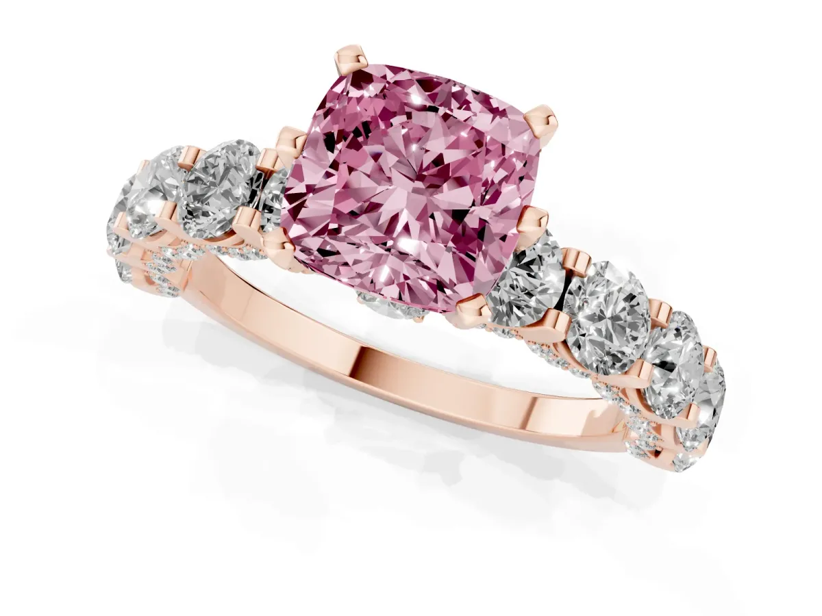 Fancy Pink Cushion Cut Diamond Side Stone Engagement Ring with Four-Prong Setting Rose gold