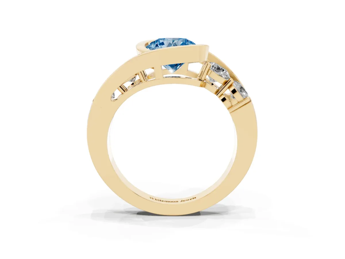 Fancy Blue Bezel Set Round Cut Diamond Bypass Ring with Round Accents Yellow gold