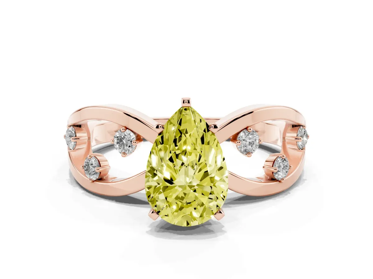 Fancy Yellow Pear Cut Cut Solitaire Diamond with Side Stones on Criss-Cross Band and Four-Prong Setting Rose gold