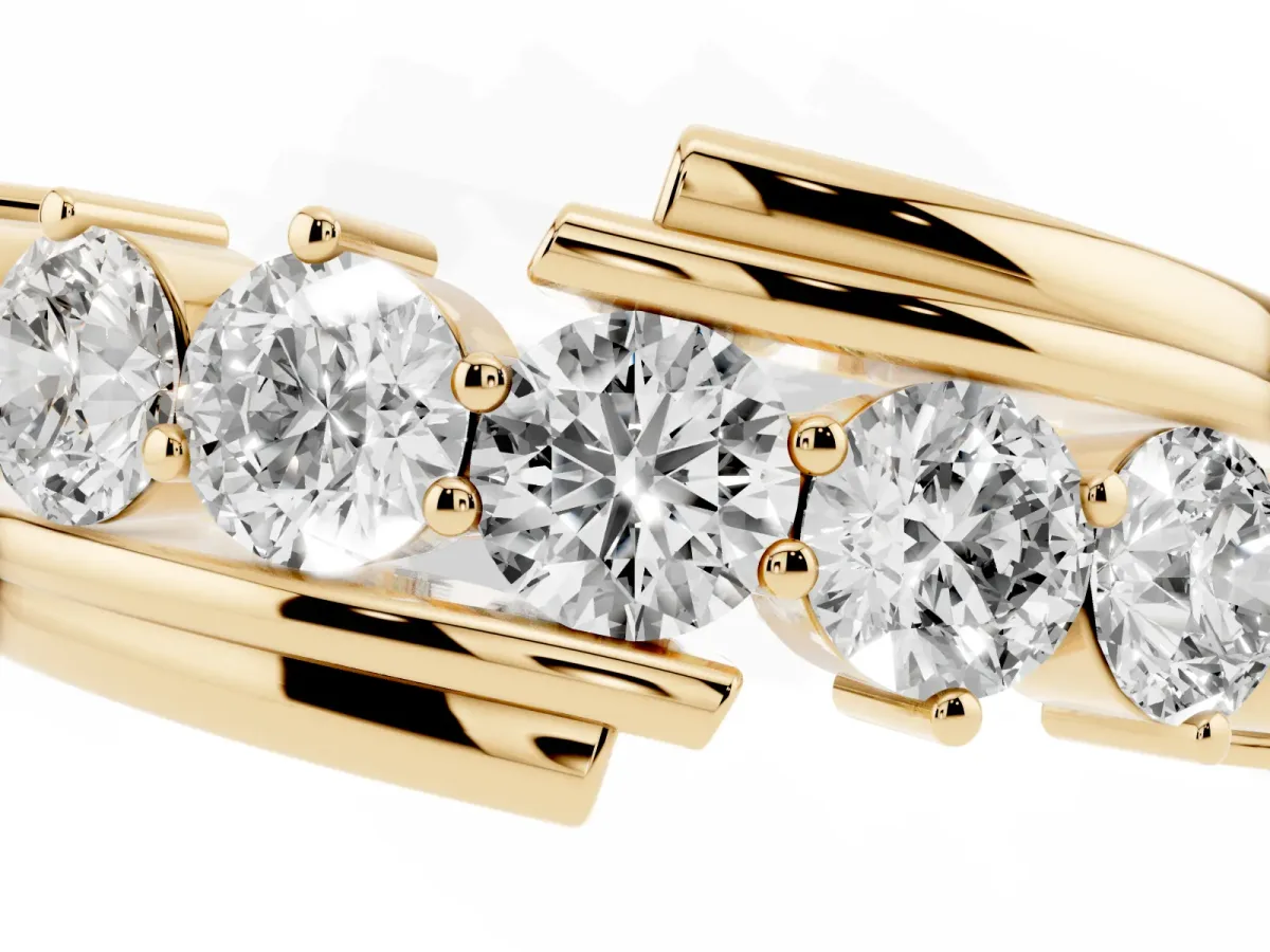 Round Diamond Wave Band with Channel and Shared Prong Setting Yellow gold