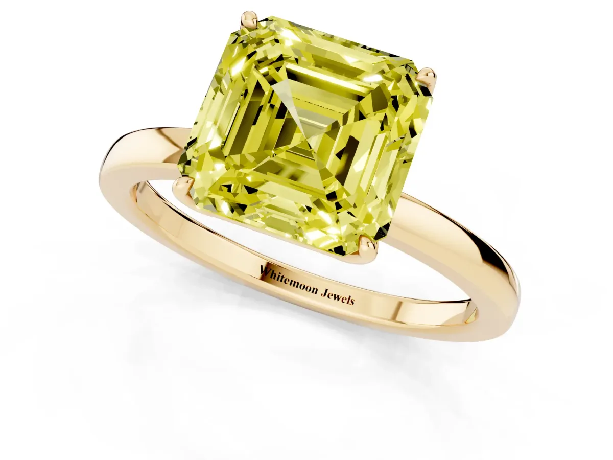 Fancy Yellow Asscher Cut Diamond Solitaire Ring with Thin Band and Prong Setting Yellow gold