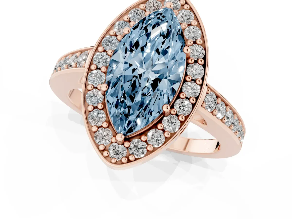 Fancy Blue Marquise Cut Halo Pavé Diamond Engagement Ring with Bezel Setting Rose gold