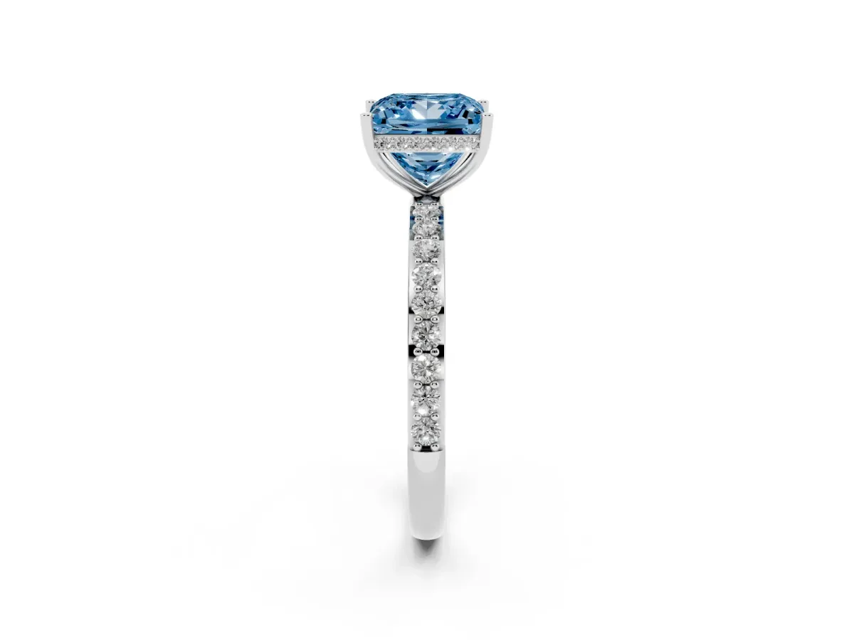 Fancy Blue Princess Cut Diamond Solitaire Ring with Pavé Band and Hidden Halo White gold