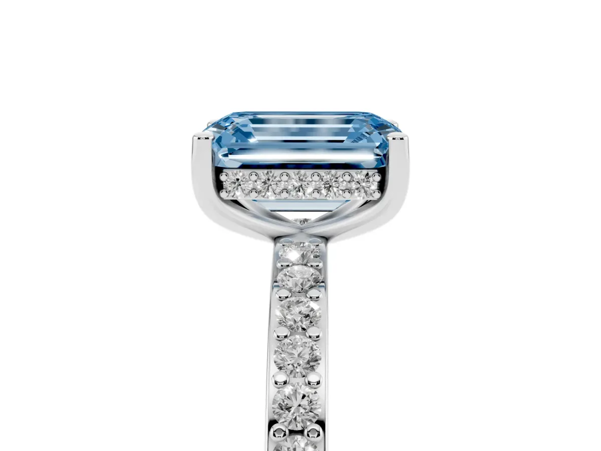 Fancy Blue Emerald Cut Cut Diamond Pavé Band Ring with Four-Prong Setting Platinum