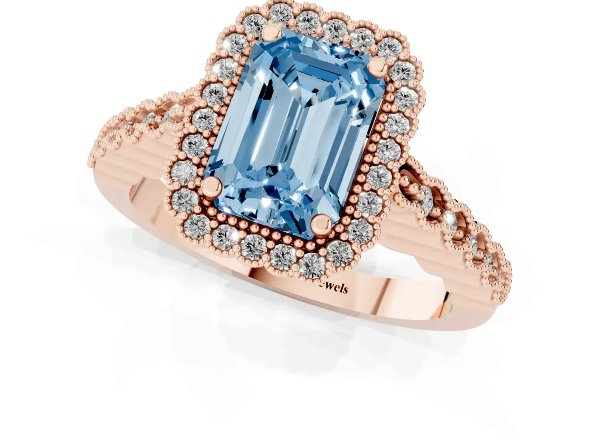 Fancy Blue Emerald Cut Cut Halo Pavé Solitaire Ring with Milgrain Band Rose gold