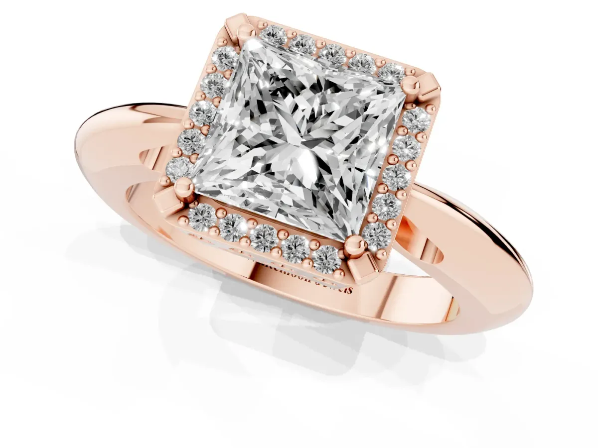Princess Cut Cut Diamond Halo Engagement Ring with Split Shank and Four-Prong Setting Rose gold