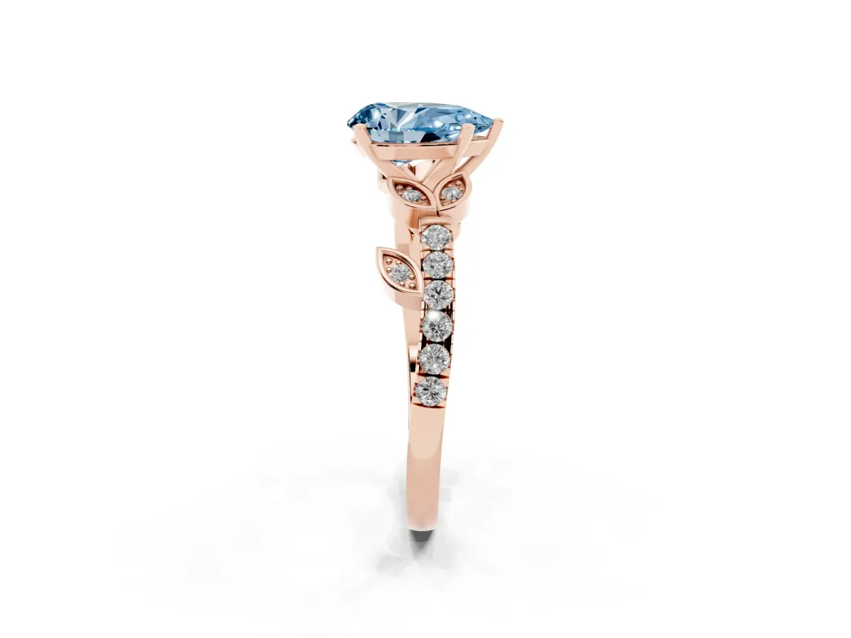 Fancy Blue Pear Cut Solitaire Leaf-Inspired Diamond Ring with Pavé Band and Four-Prong Setting Rose gold