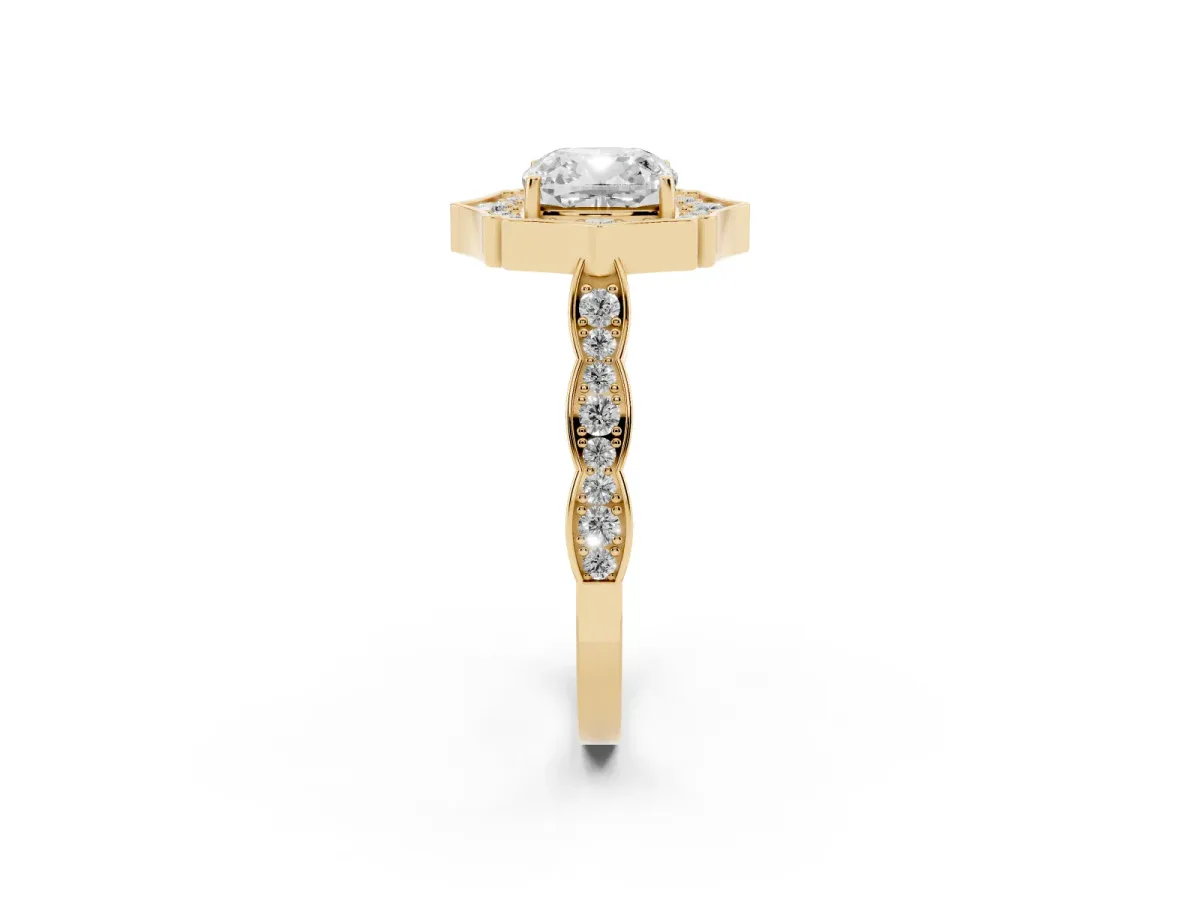 Cushion Cut Halo Diamond Engagement Ring with Milgrain Band and Four-Prong Setting Yellow gold