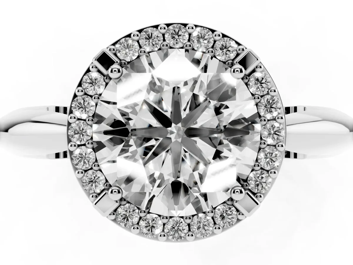 Round Cut Cut Diamond Halo Engagement Ring with Split Shank and Four-Prong Setting Silver