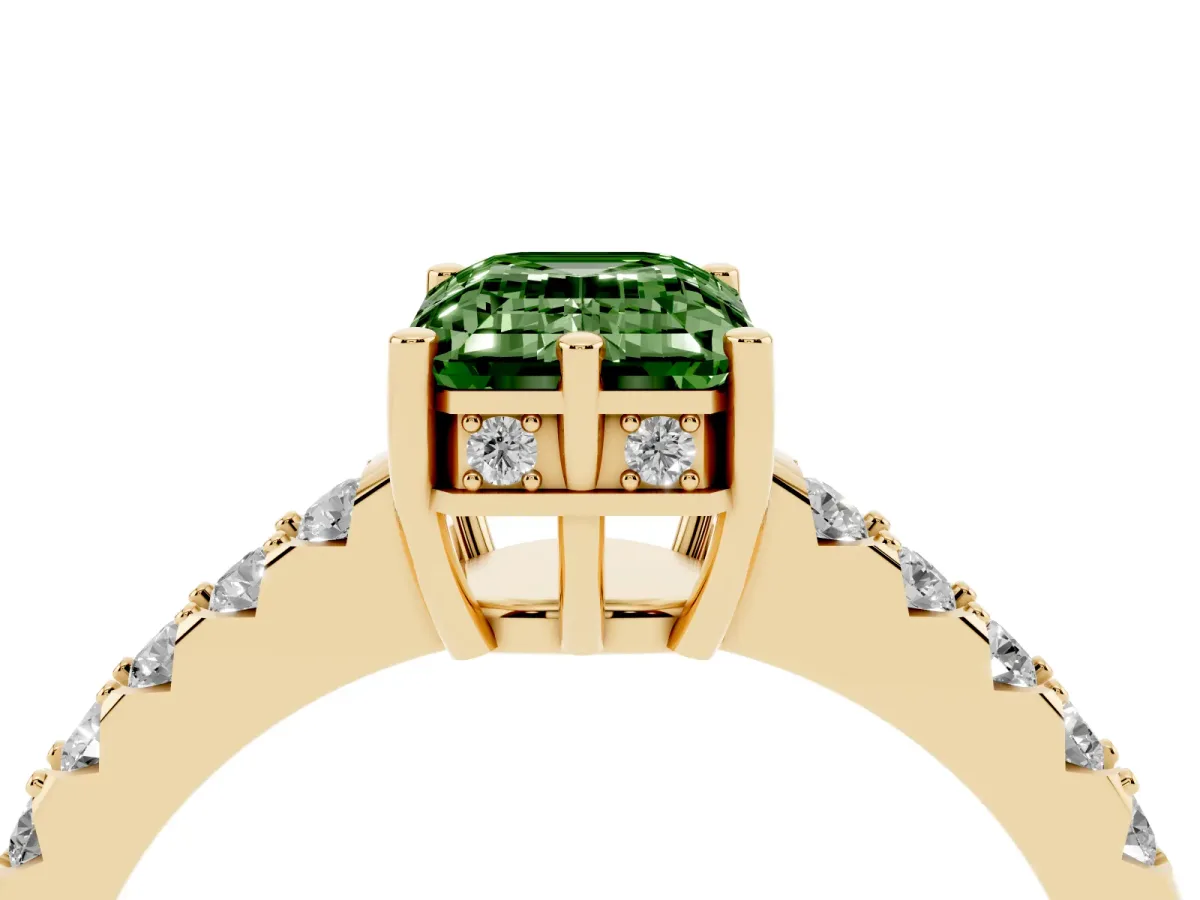 Fancy Green Emerald Cut Solitaire Diamond Engagement Ring with Pavé Band and Six-Prong Setting Yellow gold