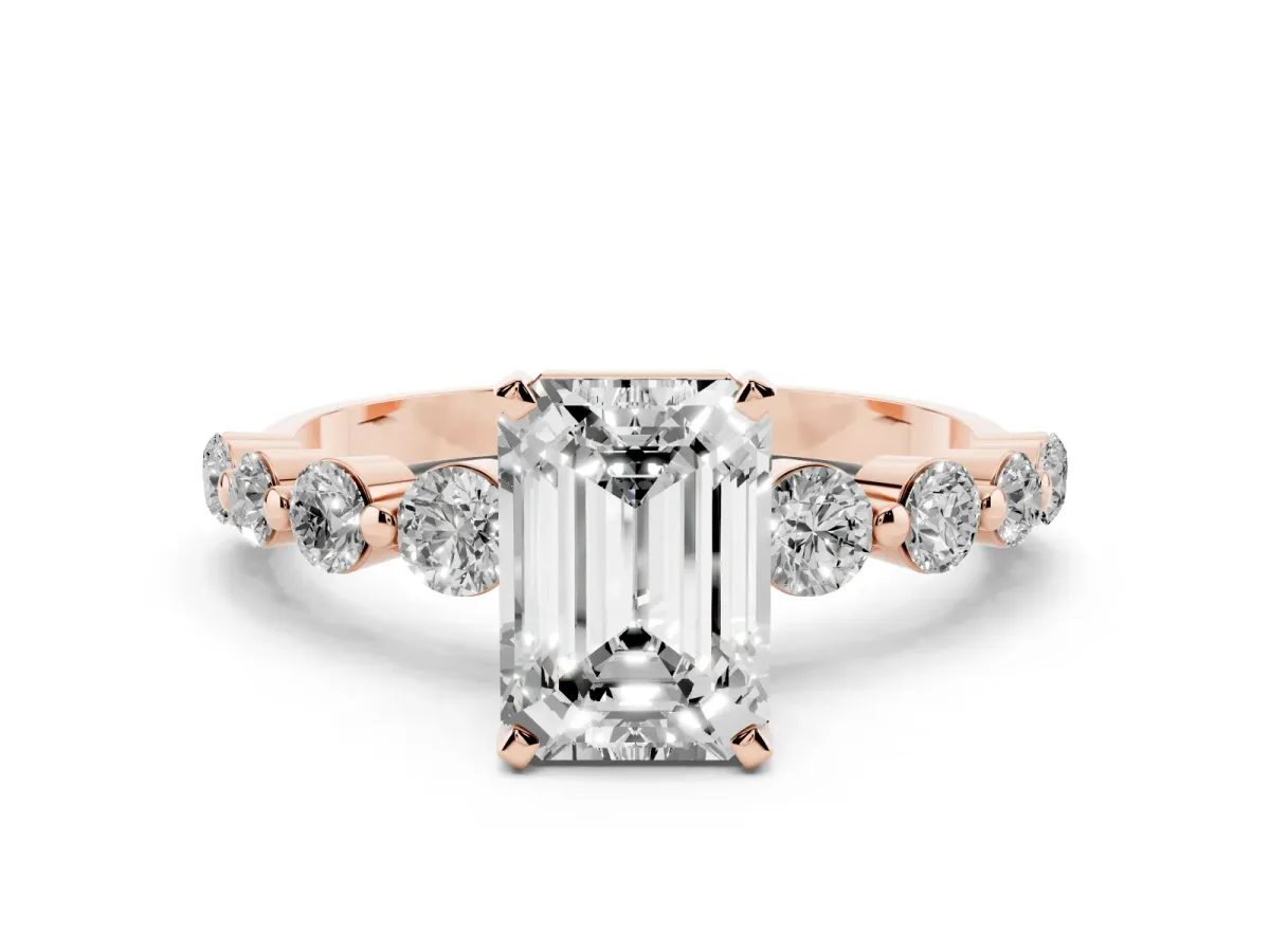 Emerald Cut Solitaire Diamond Ring with Pave Band and Four-Prong Setting Rose gold