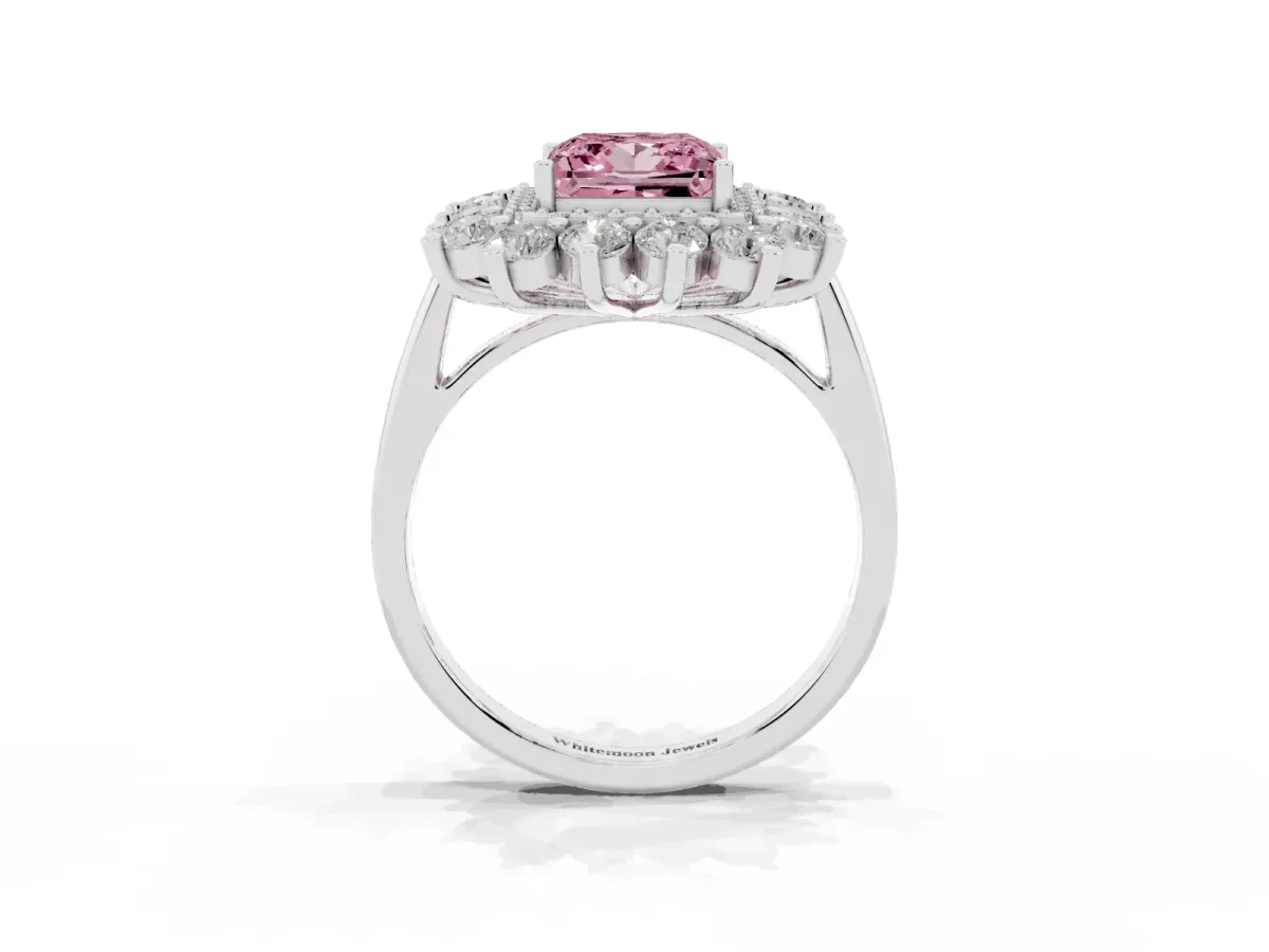 Fancy Pink Princess Cut Diamond Floral Double Halo Engagement Ring with Prong Setting Silver
