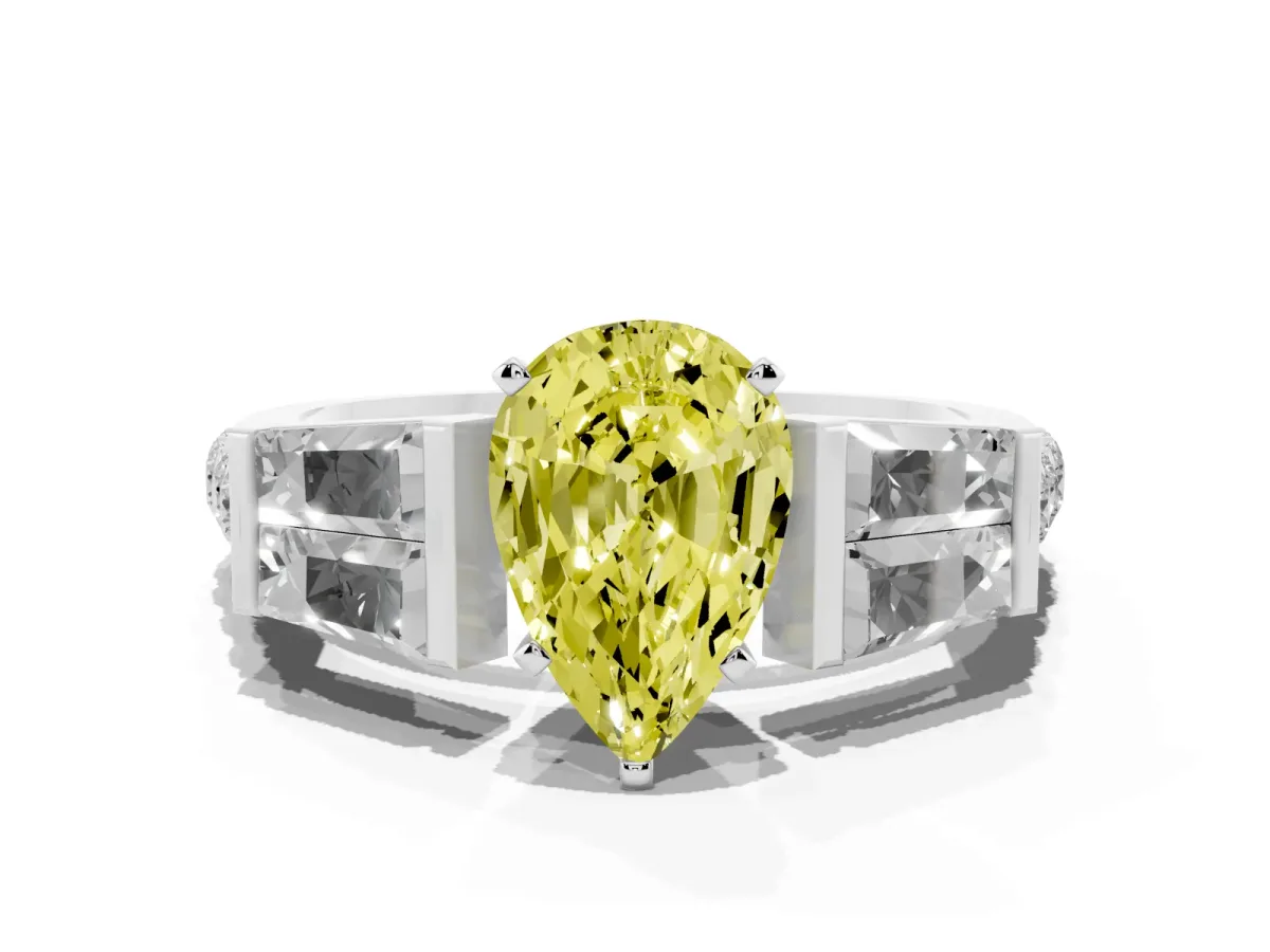 Fancy Yellow Pear Cut Diamond Engagement Ring with Baguette Side Stones and Channel Set Band White gold