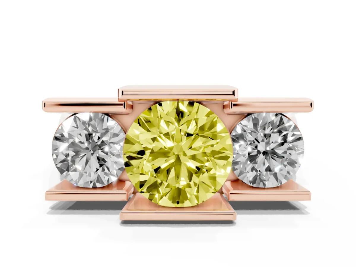 Fancy Yellow Three Stone Round Cut Cut Channel Set Diamond Ring Rose gold