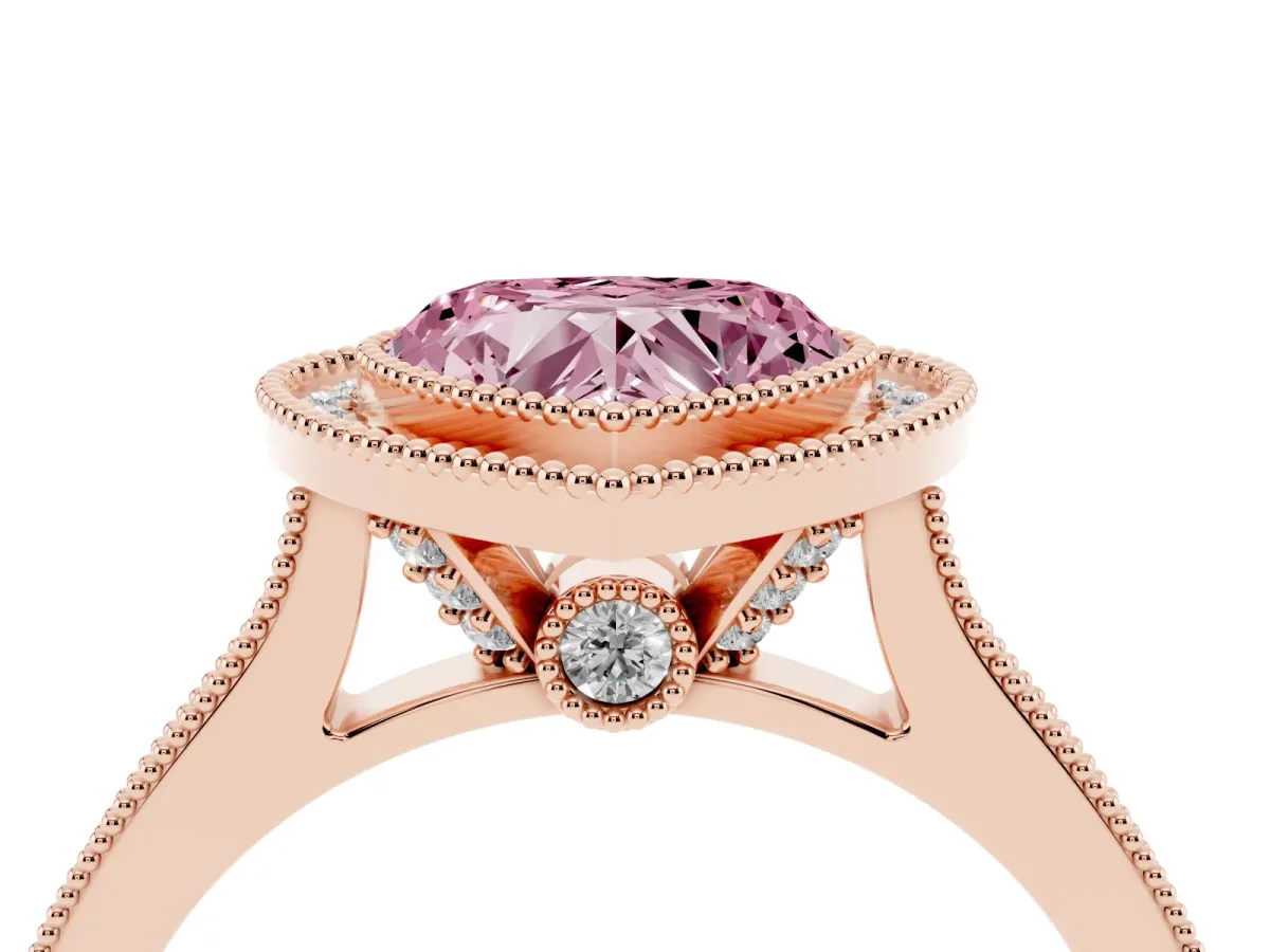 Fancy Pink Halo Heart Cut-Cut Diamond Pave Band Milgrain Prong Setting Ring Rose gold