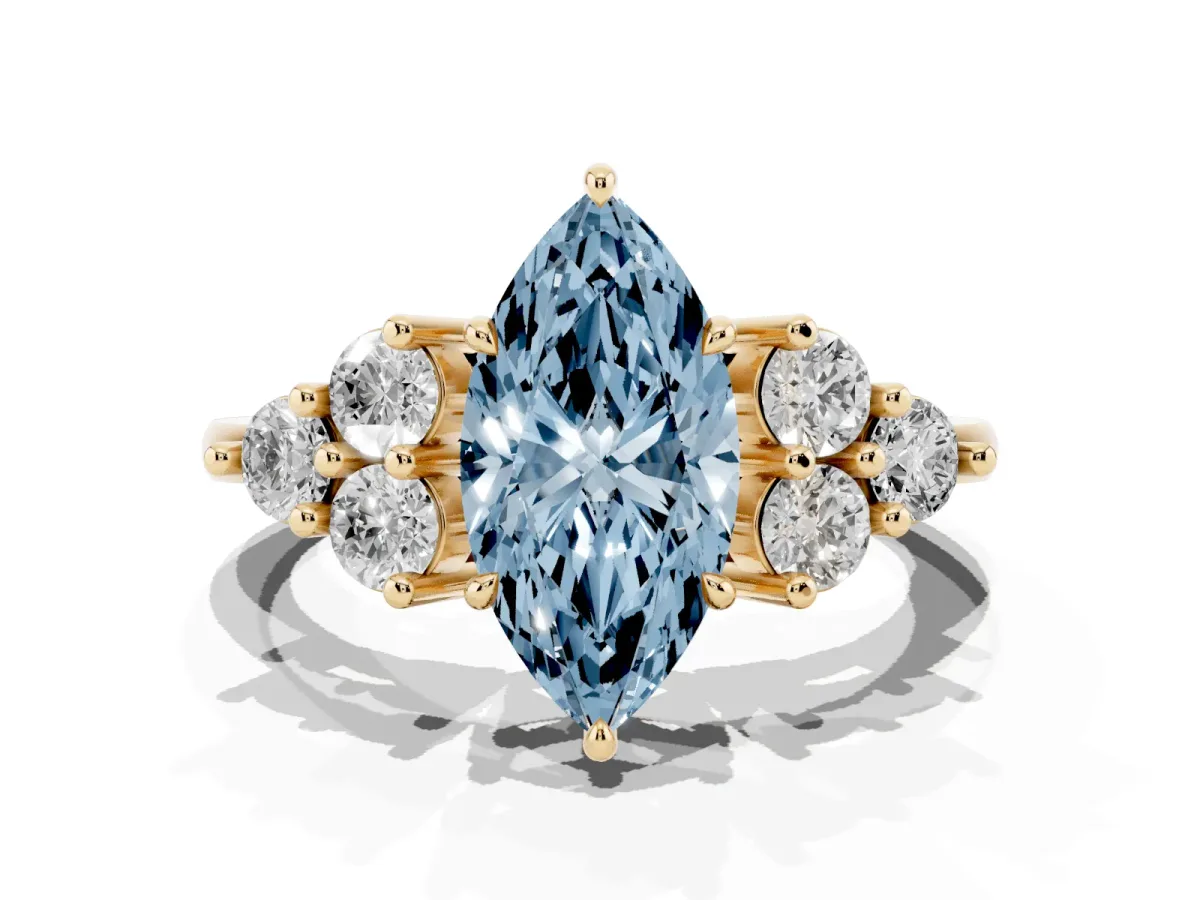 Fancy Blue Marquise Cut Brilliant Diamond Cluster Accent Solitaire Ring with Prong Setting Yellow gold