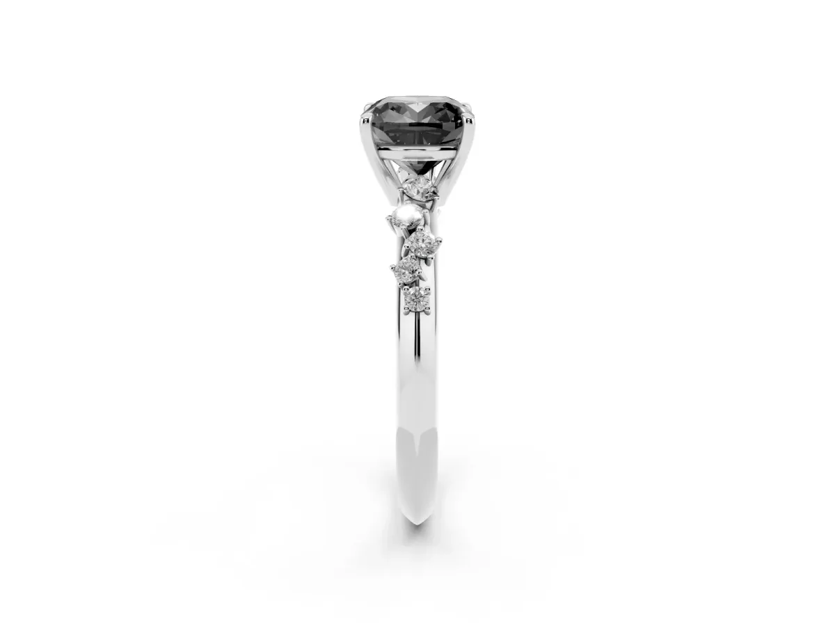 Fancy Black Cushion Cut Diamond Cluster Side Stone Solitaire Ring with Prong Setting Platinum