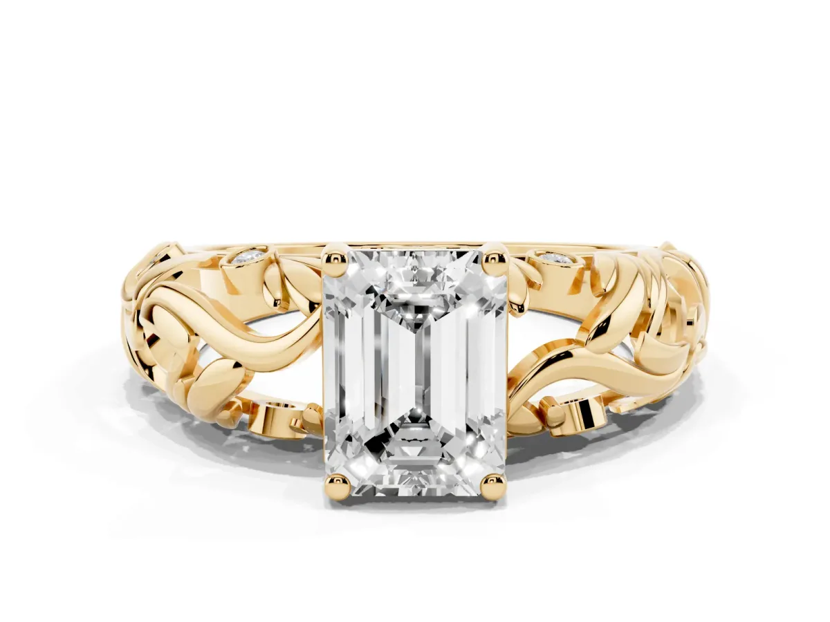 Emerald Cut Solitaire Diamond Leaf-Inspired Vine Band Ring with Prong Setting Yellow gold