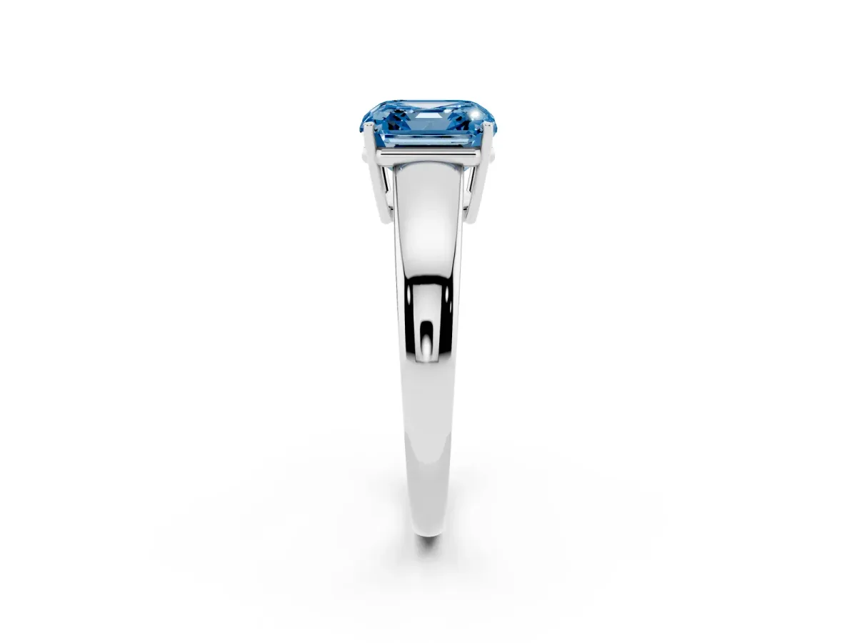 Fancy Blue Asscher Cut Solitaire Diamond Ring with Tapered Band and Four-Prong Setting Silver