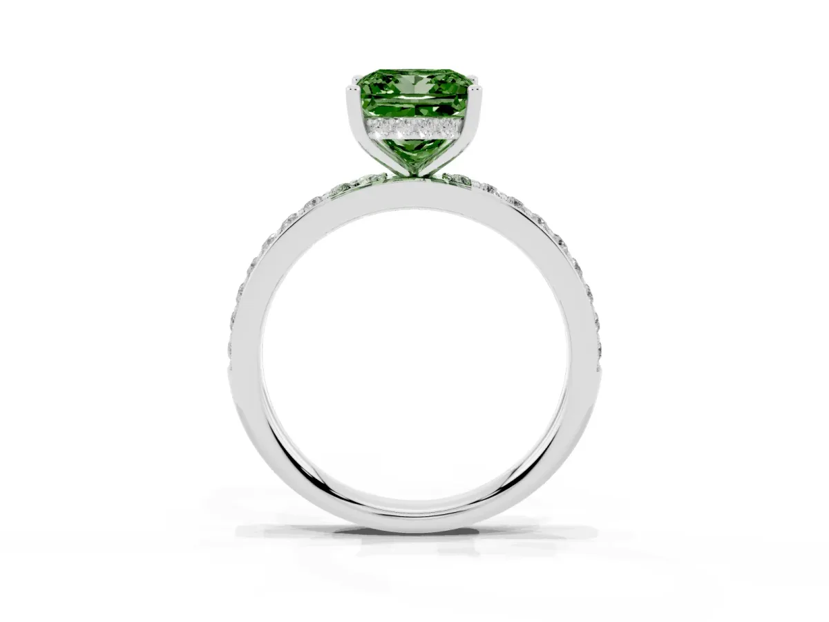 Fancy Green Princess Cut Cut Diamond Pavé Band Ring with Four-Prong Setting Silver