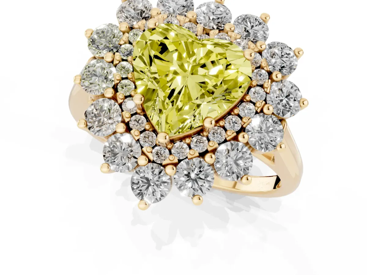 Fancy Yellow Heart Cut Diamond Floral Double Halo Engagement Ring with Prong Setting Yellow gold