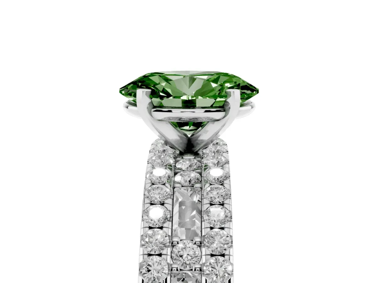 Fancy Green Oval Cut Diamond Solitaire Ring with Pavé and Channel Set Band Silver