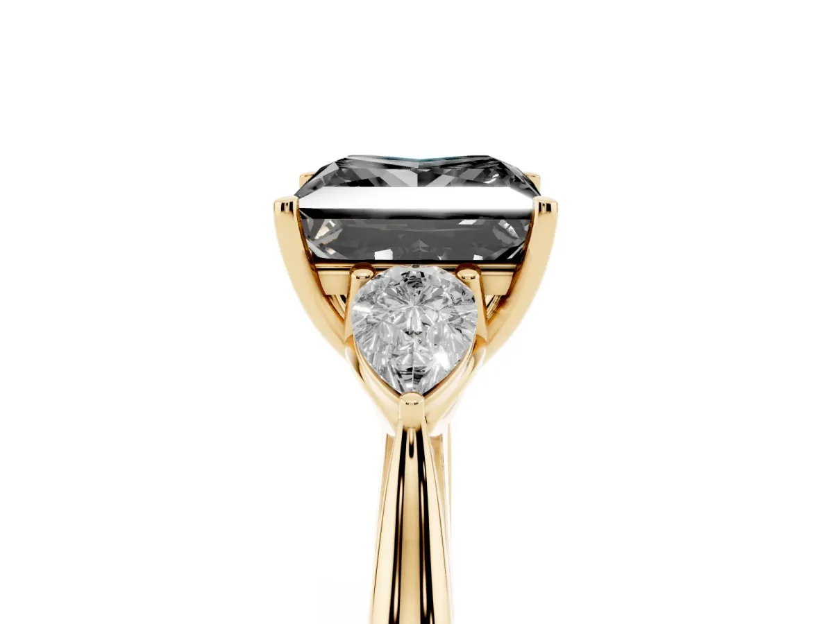 Fancy Black Princess Cut Diamond Three-Stone Ring with Pear Side Stones and Prong Setting Yellow gold