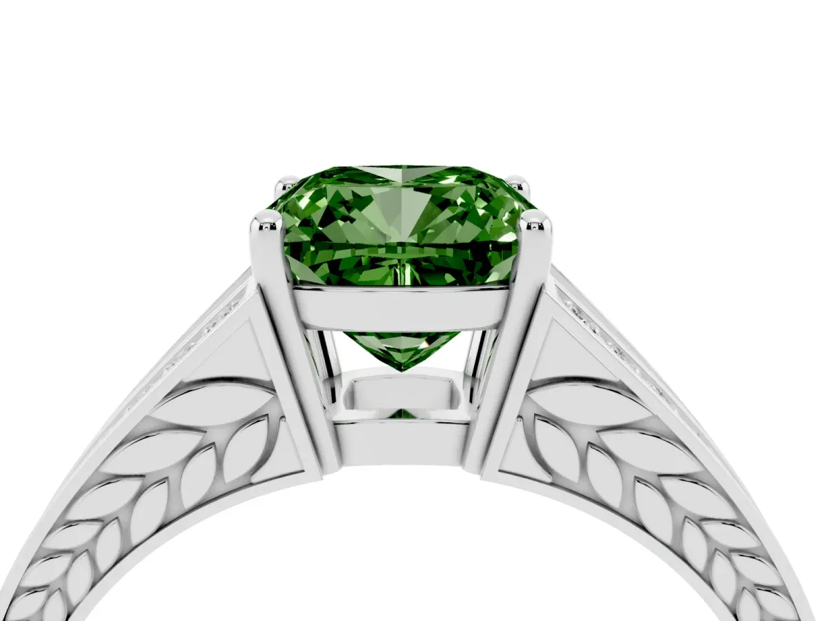 Fancy Green Cushion Cut Diamond Split Shank Ring with Pavé Band and Four-Prong Setting Silver