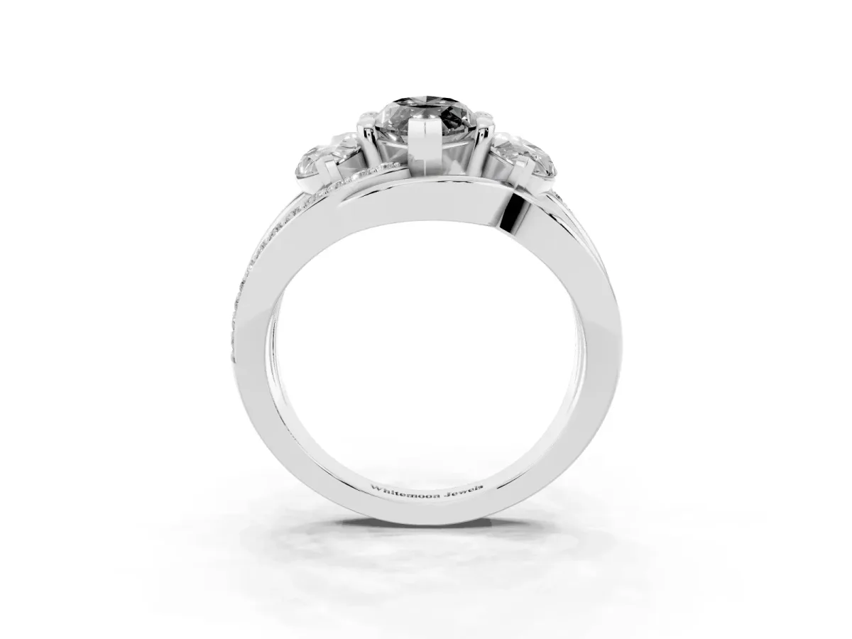 Fancy Black Three-Stone Marquise Cut Cut Diamond Split Shank Prong Set Ring Platinum