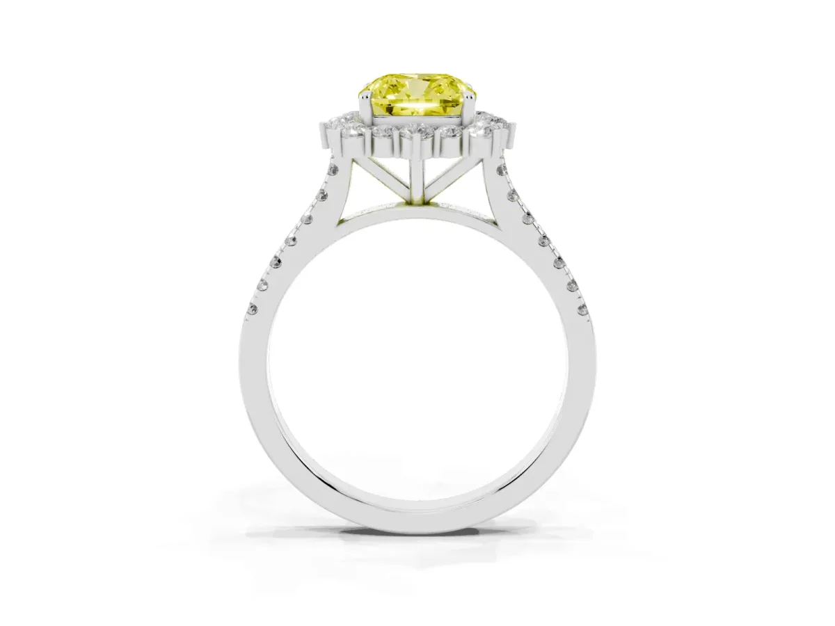 Fancy Yellow Cushion Cut Halo Diamond Ring with Pavé Band and Prong Setting Silver