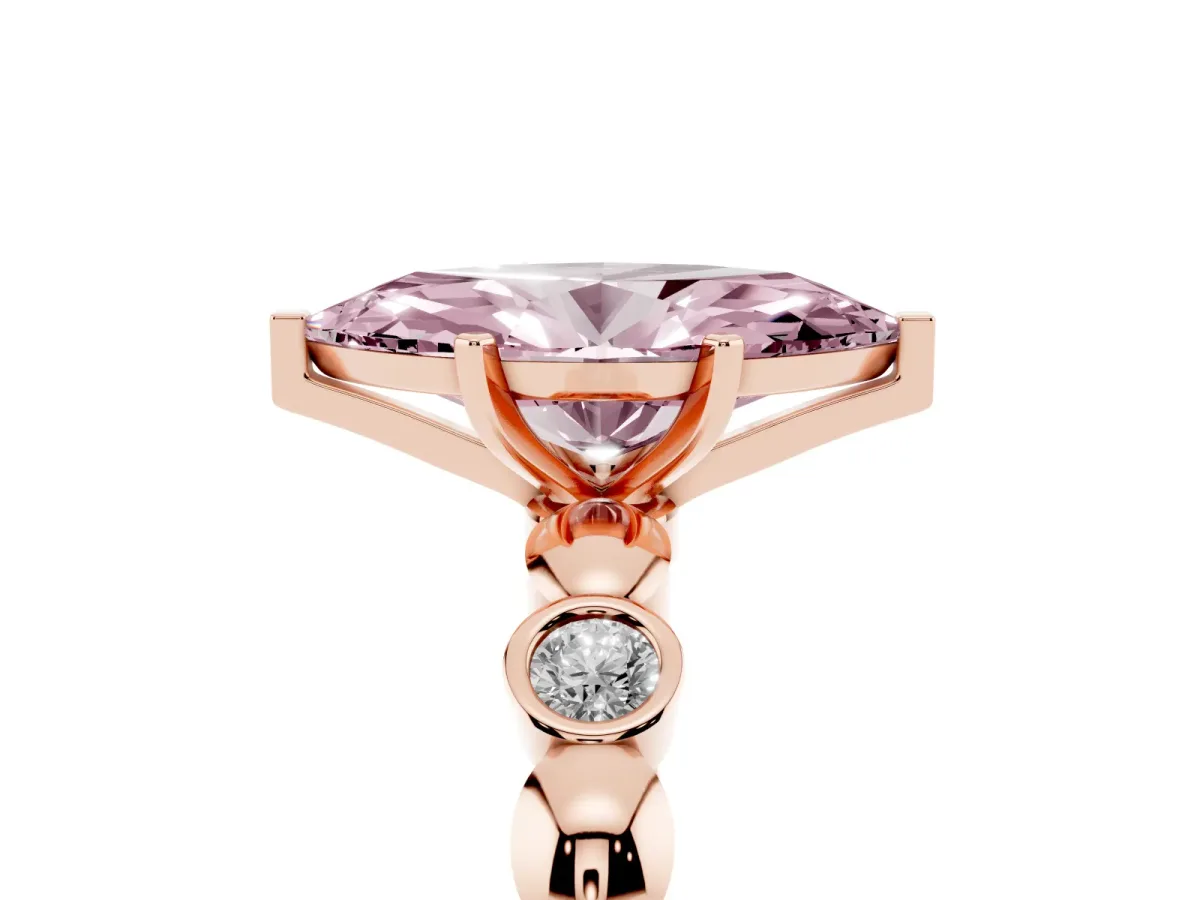 Fancy Pink Marquise Cut Solitaire Bezel-Set Diamond Ring with Beaded Band and Four-Prong Setting Rose gold