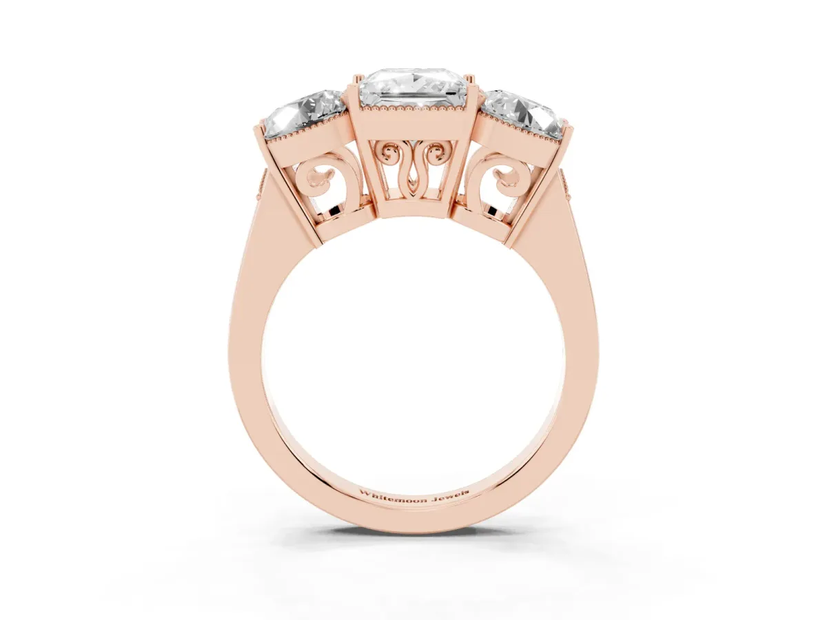 Three-Stone Princess Cut Diamond Engagement Ring with Prong Setting on a Classic Band Rose gold