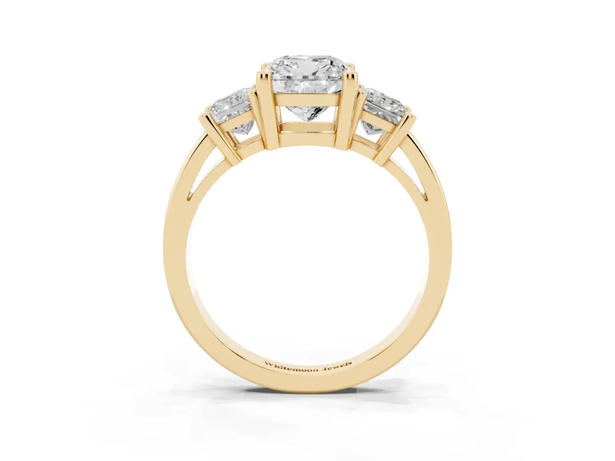 Three-Stone Cushion Cut Cut Solitaire Ring with Prong Setting Yellow gold