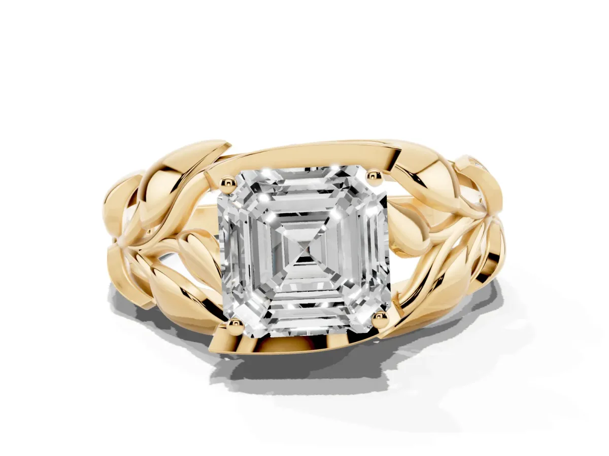 Asscher Cut Diamond Leaf-Inspired Engagement Ring with Round Accents and Prong Setting Yellow gold