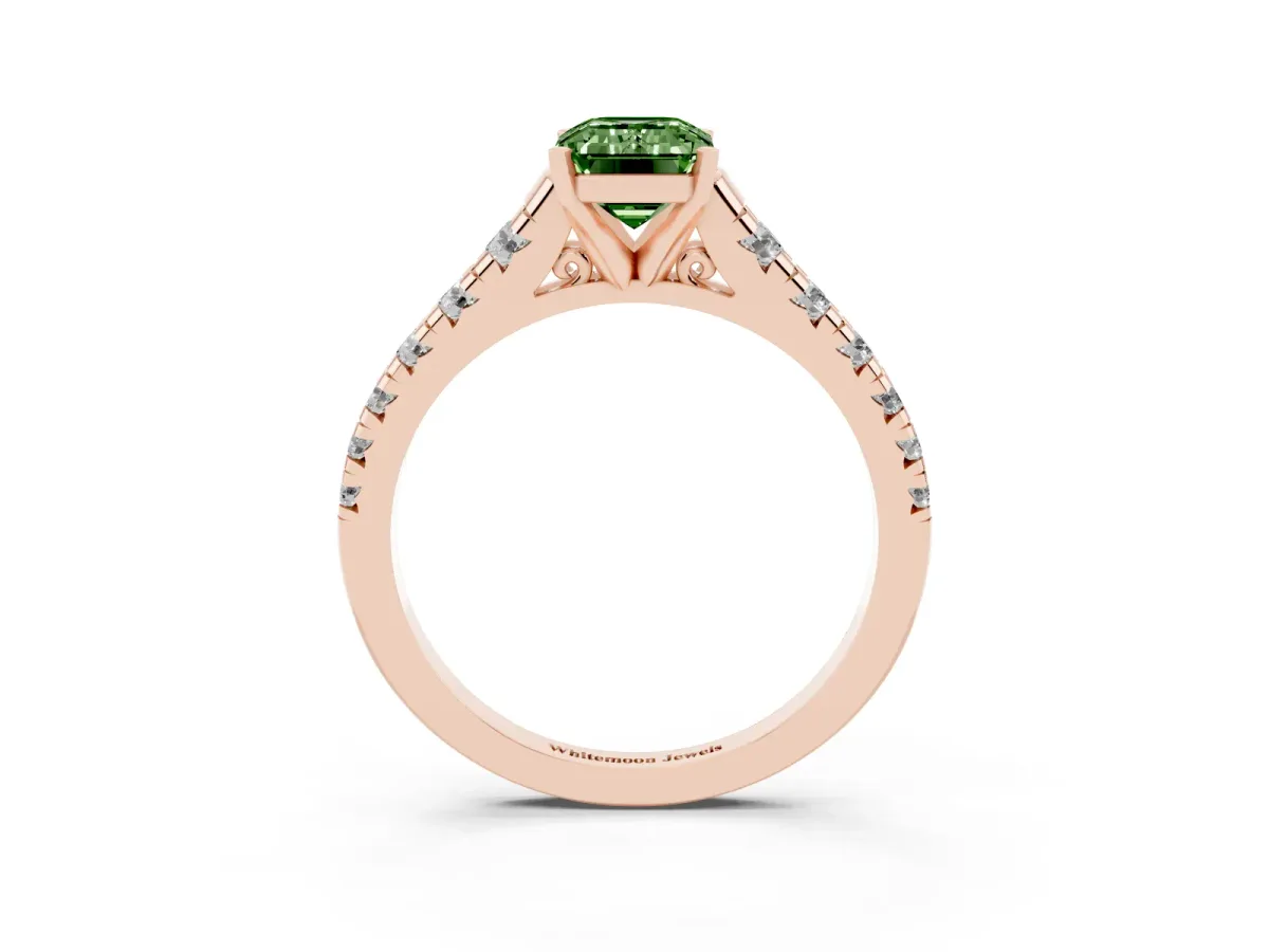 Fancy Green Emerald Cut Diamond Cathedral Solitaire Ring with Round Pavé Band Rose gold