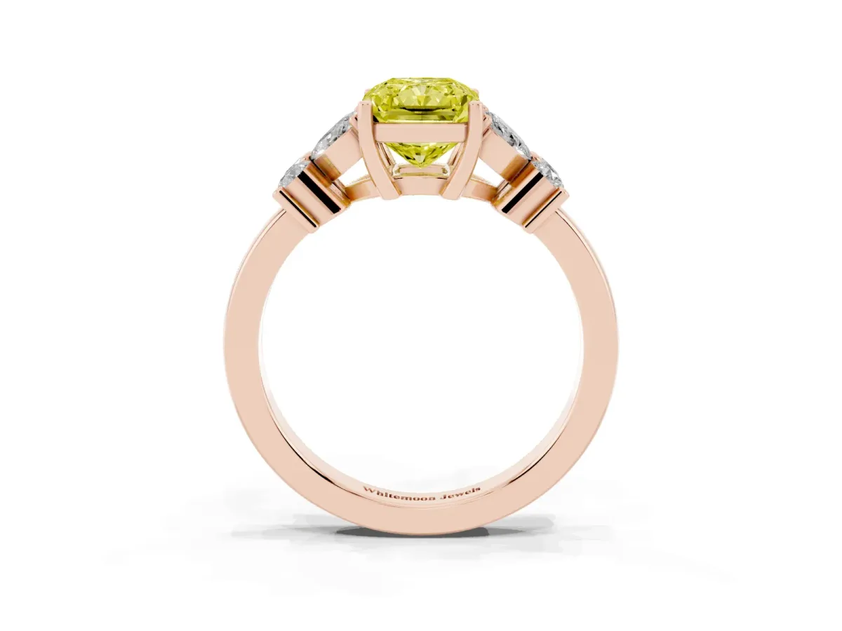 Fancy Yellow Radiant Cut Diamond Floral Cluster Ring with Solitaire Band and Prong Setting Rose gold